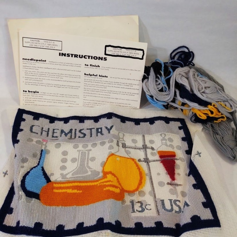 Vtg Chemistry Postage Stamp Needlepoint Kit Started 13c USA Wool Yarn Science